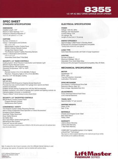 LiftMaster 8355 Garage Door Opener Spec Sheet